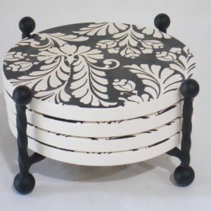 5-pc DAMASK Black White Stoneware COASTER SET w/Choice of HOLDER *Metal or Wood