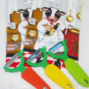 5-pc KITCHEN COW Cotton 24x15 DISH TOWELS & Serrated Vegetable PEELER TOOLS SET