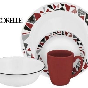 ❤️ New 16-pc CORELLE MOSAIC RED Dinnerware SET *Scarlet Black Gray Geometric