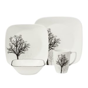 ❤️ 20-pc CORELLE Square TIMBER SHADOWS DINNERWARE SET *Black Grey Bare Trees