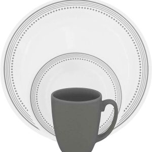 16-pc Corelle MYSTIC GRAY Dinnerware Set SOFT GREY BANDS & DOTS BORDER