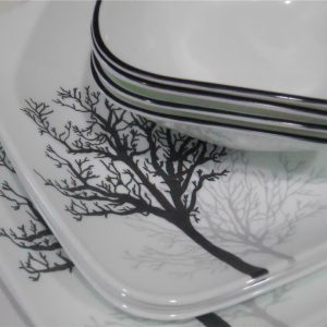 12-pc CORELLE Square TIMBER SHADOWS DINNERWARE SET *Black Grey Bare Trees