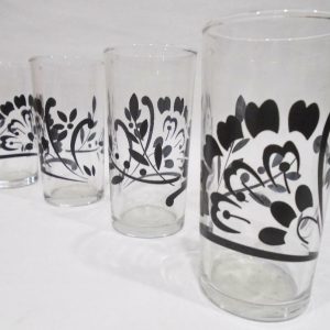 4 BLACK DAMASK 7-oz JUICE GLASSES Floral Spray Berries Leaves MATTE Finish 4.25