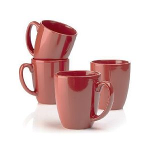 4 Corelle 11-oz RED HOLIDAY BERRY WINE Stoneware Mugs *BANDHANI CRIMSON HOLLY