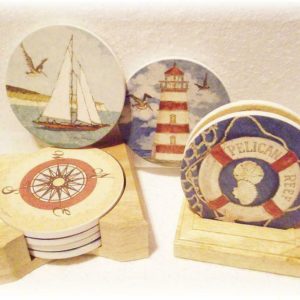STONEWARE Drink COASTER Set & WOOD Caddy *NAUTICAL Sea ANCHOR Fish PELICAN REEF