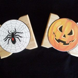HALLOWEEN Stoneware COASTERS SPOOKY SPIDER w/Wooden Caddy *Only Spider Left!