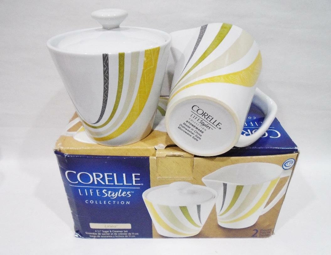 Corelle Lifestyles LINEA Stoneware CREAM & SUGAR BOWL SET Gold Green Brown Gray - Image 2