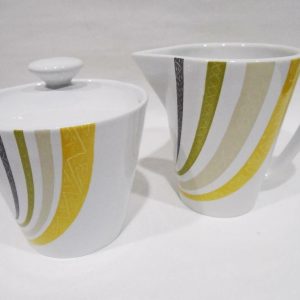 Corelle Lifestyles LINEA Stoneware CREAM & SUGAR BOWL SET Gold Green Brown Gray