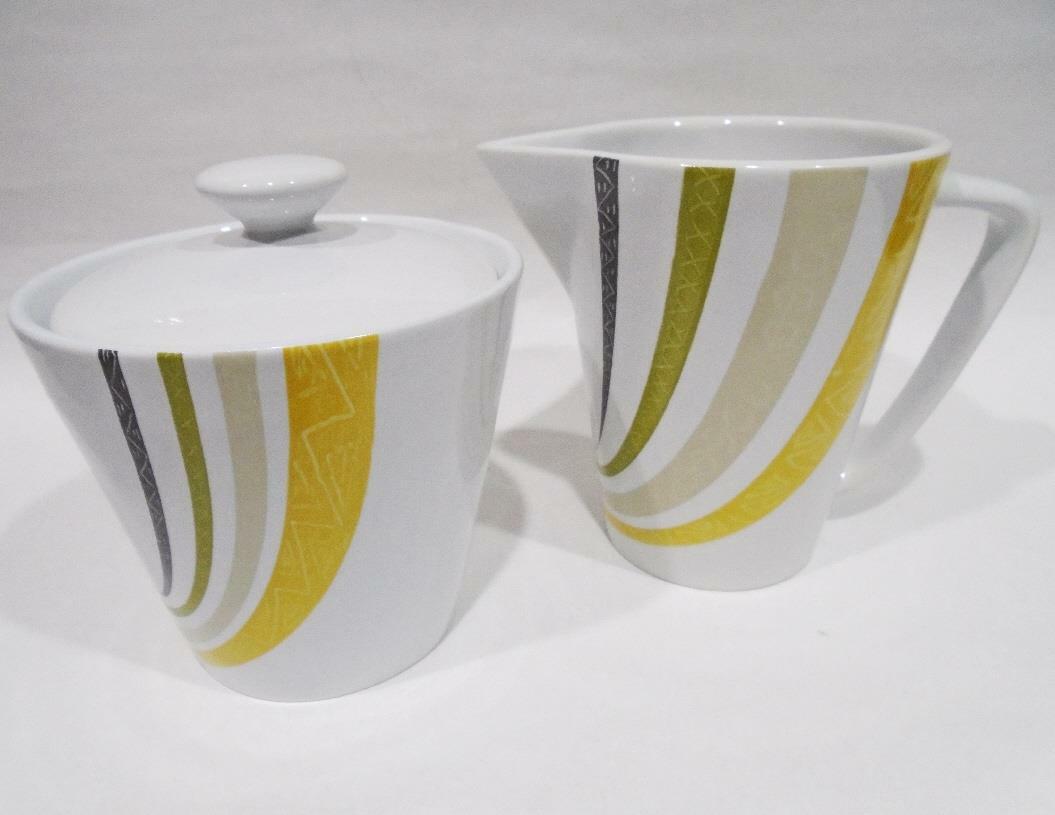 Corelle Lifestyles LINEA Stoneware CREAM & SUGAR BOWL SET Gold Green Brown Gray
