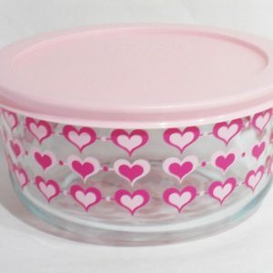 PYREX 4 Cup SMITTEN LOVE Valentine STORAGE BOWL 3-Rows Pink Red Inlaid Hearts
