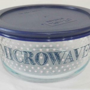 Pyrex MICROWAVE & CHILL 4 Cup STORAGE BOWL Hot Cold Foods Dark Blue Pink Dots
