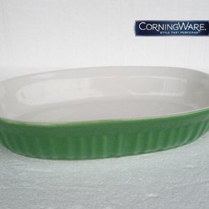 CorningWare FRENCH WHITE Grass GREEN Stoneware 23-oz OVAL DISH & Plastic COVER