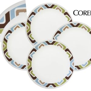 4 Corelle Livingware SQUARED 6 3/4 BREAD PLATES Retro SQUARES Blue Green Brown