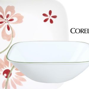 1 Corelle Square PRETTY PINK 22-oz SOUP BOWL Cereal Salad Pasta Floral Green Rim