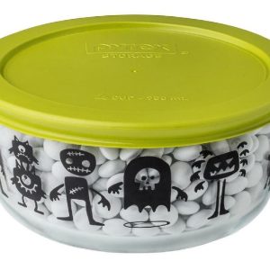 Pyrex Halloween MONSTERS & PUMPKINS 4 Cup Storage Bowl & GREEN Cover Scary Creep