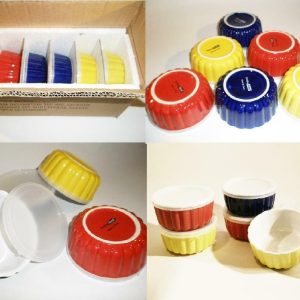 6-pk COVERED RAMEKIN SET 5.5-oz Ribbed Stoneware 2/3 Cup RED YELLOW BLUE WHITE