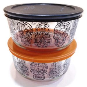 Pyrex DAY of the DEAD Halloween SUGAR SKULLS 4 Cup STORAGE BOWL Orange OR Black