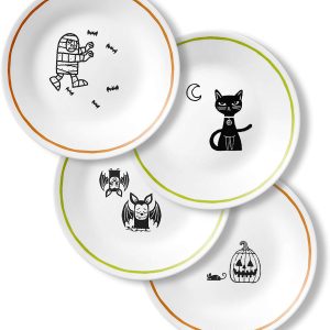 4-pc CORELLE Halloween PARTY GHOULS 6.75 PUMPKIN. CAT. BATS. MUMMY Appetizer Plates Bread Dessert Treats