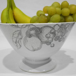 CORELLE Life Styles ANTIQUE LINEN 9 Footed SERVING BOWL Gray Fruit Sketches