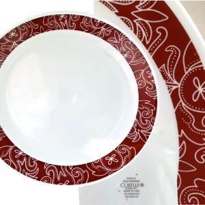 1 New Corelle BANDHANI 10.25 DINNER PLATE Dark Red White Paisley India Tie-Dye
