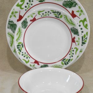 NEW 12-pc Corelle BIRDS and BOUGHS Dinnerware Set *CHRISTMAS Peace Joy Red Green