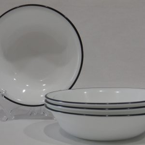 4 Corelle BLACK RIM 10-oz DESSERT BOWLS Fruit Sauce *Strokes Brassier Noir Cusco