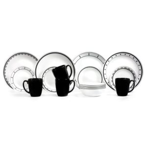❤️ NEW 16-pc Corelle BLACK & WHTE DINNERWARE SET Circles Dots Lace Keyhole