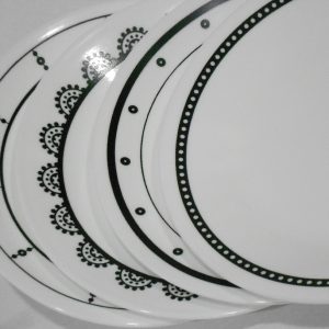 NEW 4 Corelle BLACK & WHTE 6 3/4 BREAD PLATES Circles Dots Lace Keyhole