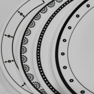 NEW 4 Corelle BLACK & WHTE 10 1/4 DINNER PLATES Circles Dots Lace Keyhole