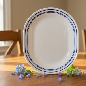Corelle CLASSIC CAFE BLUE BANDS 12x10 Serving Platter PLATE Triple Cobalt Navy Stripes