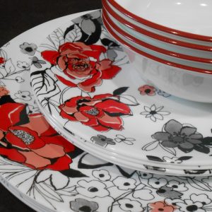 ❤️ NEW 12-pc Corelle CHELSEA ROSE Round Dinnerware Set *Floral RED GRAY BLACK