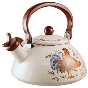 ? Corelle COUNTRY MORNING Rooster 2.2 Qt. WHISTLING TEA KETTLE Porcelain on Steel