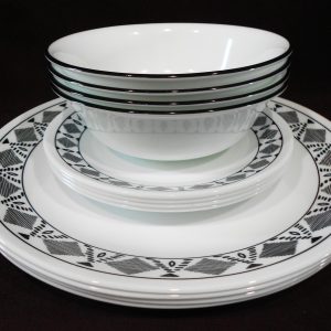 12-pc Corelle CUSCO DINNERWARE SET Plates Bowls *Black Bohemian Textiles Abstract Sketches