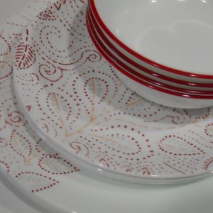 NEW 12-pc Corelle LEAF STITCH Dinnerware Set *Rustic Floral RED GRAY Stitches