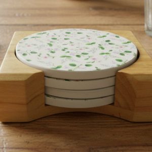 NEW 5-pc Corelle DELICATE ARRAY Coaster & Wood Caddy Set FLORALS / 1 Tile Repaired