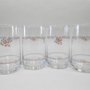 NEW Corelle 4 ENGLISH BREAKFAST 7-oz JUICE GLASSES Rosettes PINK BLUE Ribbon