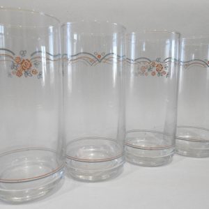 NEW Corelle 4 ENGLISH BREAKFAST 16 oz GLASS Tumblers PINK Rosettes BLUE Ribbon