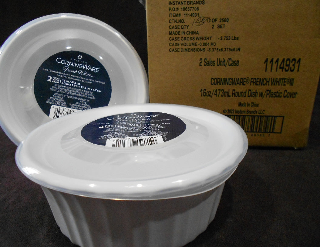 2 Corningware FRENCH WHITE Round 16-oz DISH & COVERS Bake Serve Store Bowls - Image 2