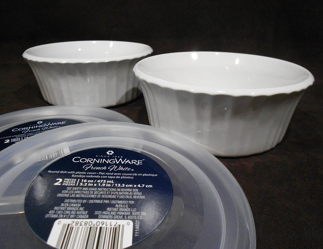 2 Corningware FRENCH WHITE Round 16-oz DISH & COVERS Bake Serve Store Bowls