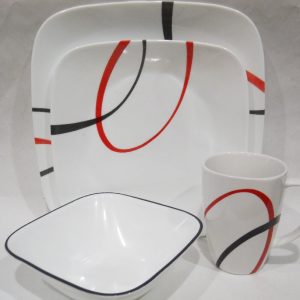 16-pc CORELLE Square FINE LINES DINNERWARE SET *Black Red Sweeping Arcs