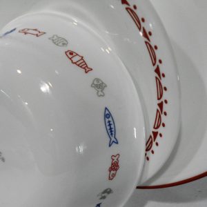 ❤️ 12-pc Corelle HARBOR TOWN Dinnerware Set / FISH Fishing Boat Red Blue Gray