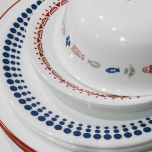 ❤️ 20-pc Corelle HARBOR TOWN Dinnerware Set / FISH Fishing Boat Red Blue Dots Gray