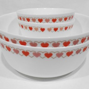 4-pc CORELLE MilkGlass RED HEARTS BOWL SET 46-oz Serving & 12-oz / Valentine