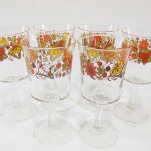 6 Corelle INDIAN SUMMER 8-oz WINE GOBLETS Water Glasses Autumn Orange Floral
