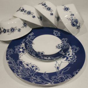NEW 12-pc Corelle INDIGO BLOOMS Dinnerware Set Dark Blue Band w/Floral Sketch
