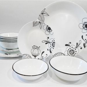 ❤️ 16-pc Corelle INKED POPPY DINNERWARE SET Plates Bowls BLACK FLORAL on WHITE