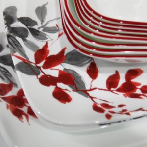 16-pc CORELLE KYOTO LEAVES Dinnerware Set w/ DESSERT BOWLS Watercolor Red Gray