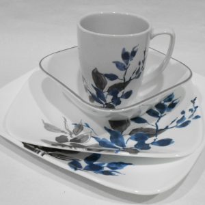 New 17-pc Corelle KYOTO NIGHT Dinnerware Set *Blue Japanese Watercolor Leaves