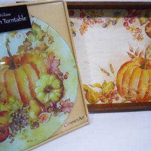 WATERCOLOR HARVEST PUMPKINS 13 Tempered Glass LAZY SUSAN & Wooden SERVING TRAY