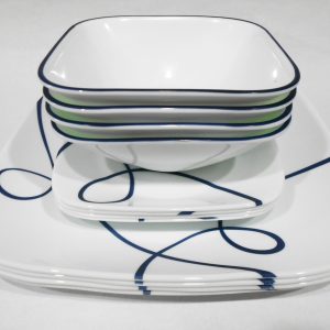 NEW 12-pc Corelle LIA SQUARE DINNERWARE SET Plates Bowls Navy Blue Curly Swirls